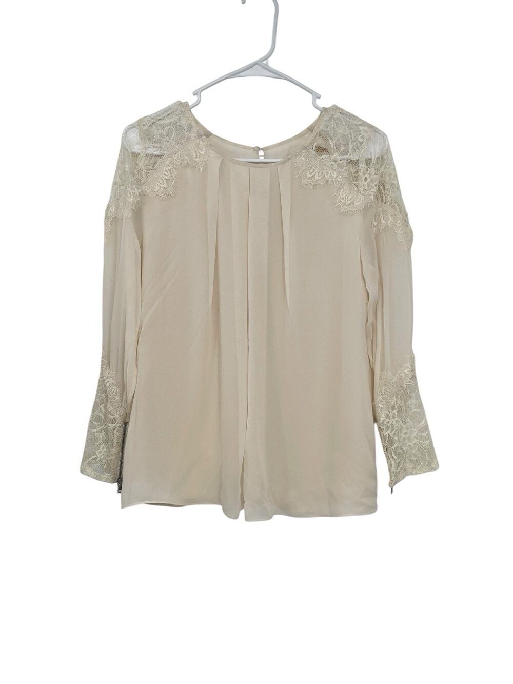 Alice + Olivia Silk Blouse Lace Shoulders Cuffs Ivory Size Small